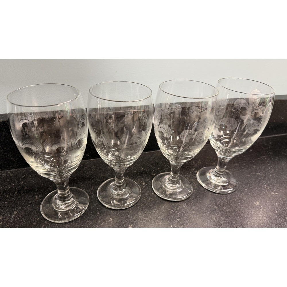 Mignon Faget Etched Fleur De Lis Goblets Set of 4 Signed New Orleans 7"